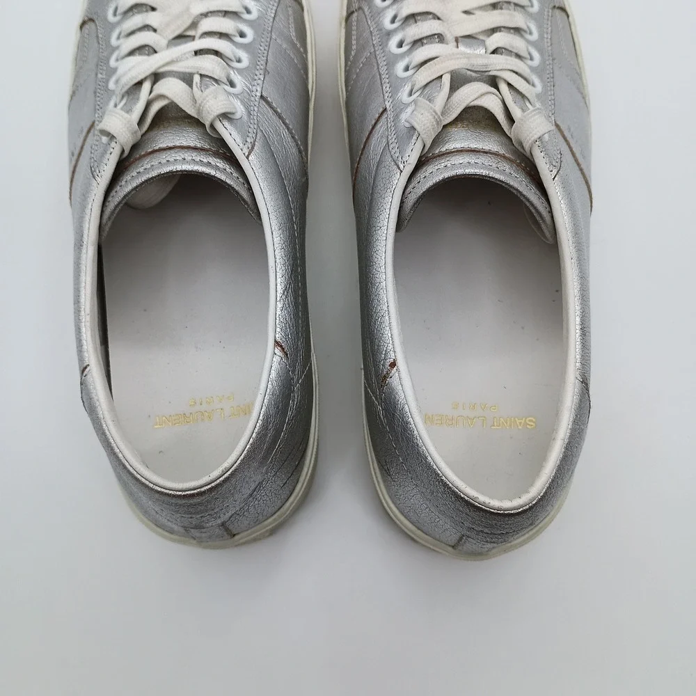 Saint Laurent Paris Silver Metallic Leather Low Top‎ Platform Sneakers EU 40